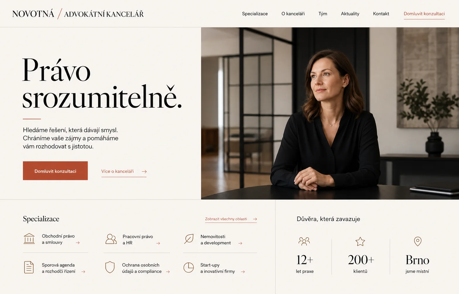 Světlý editorial koncept webu pro advokátní kancelář