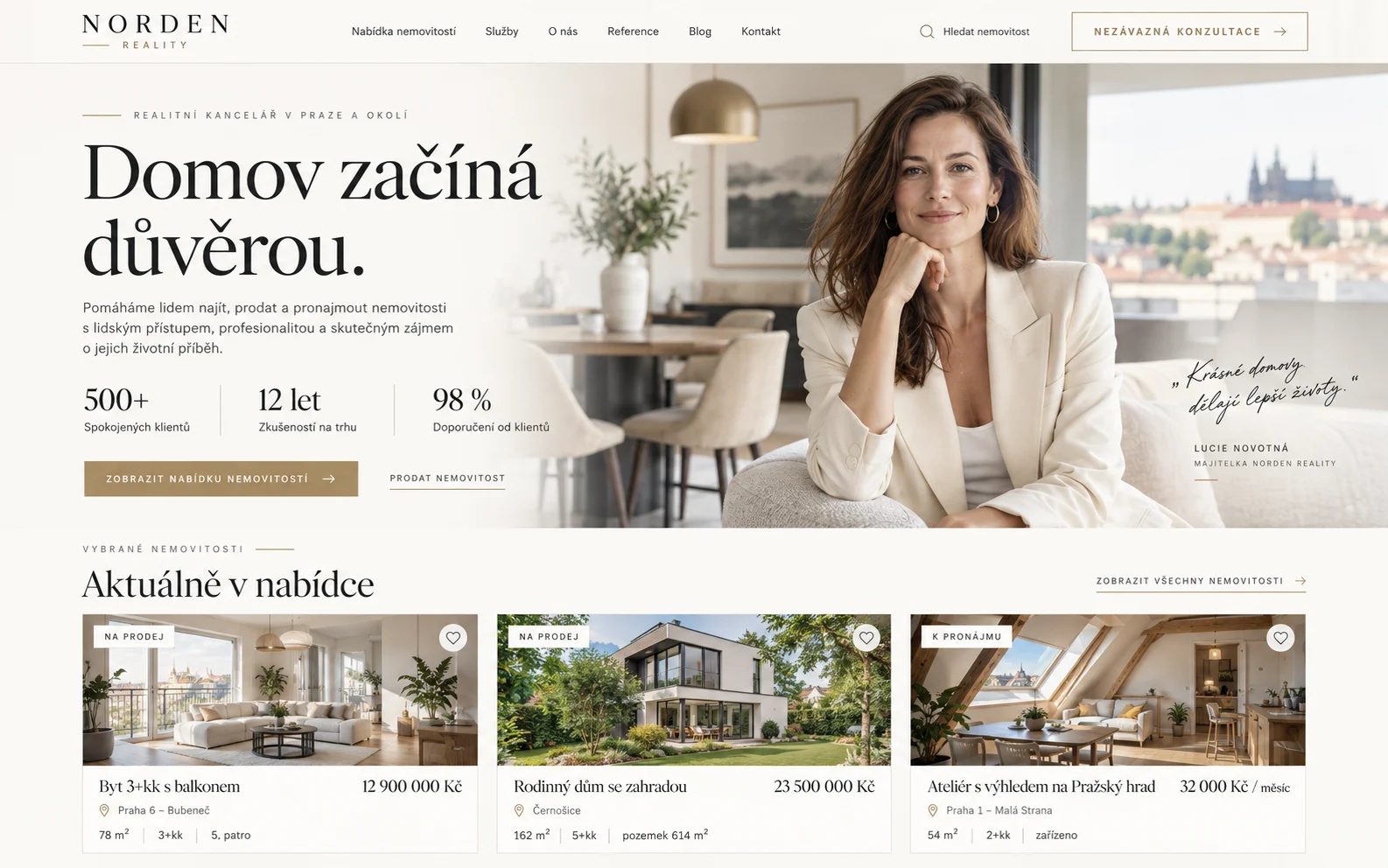 Světlý návrh webu pro osobní realitní makléřku