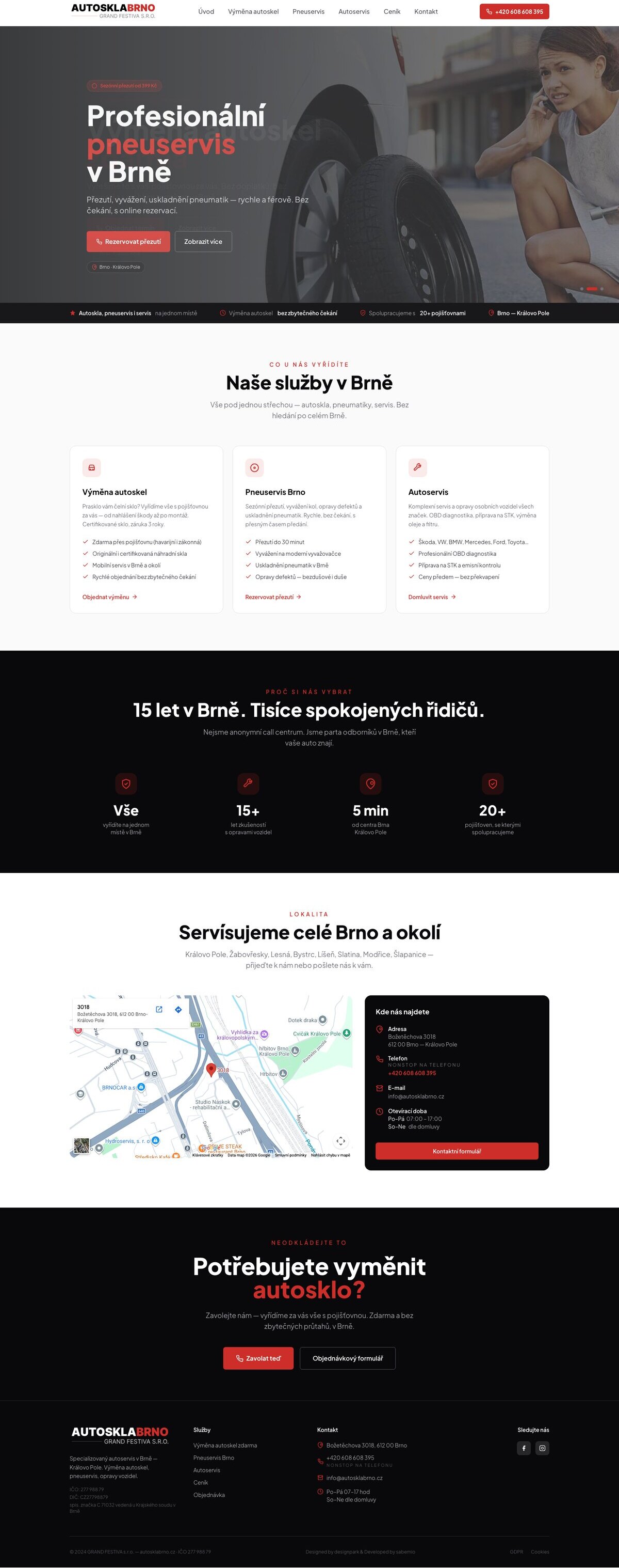 Homepage s jasným vstupem do autoskel, pneuservisu a autoservisu