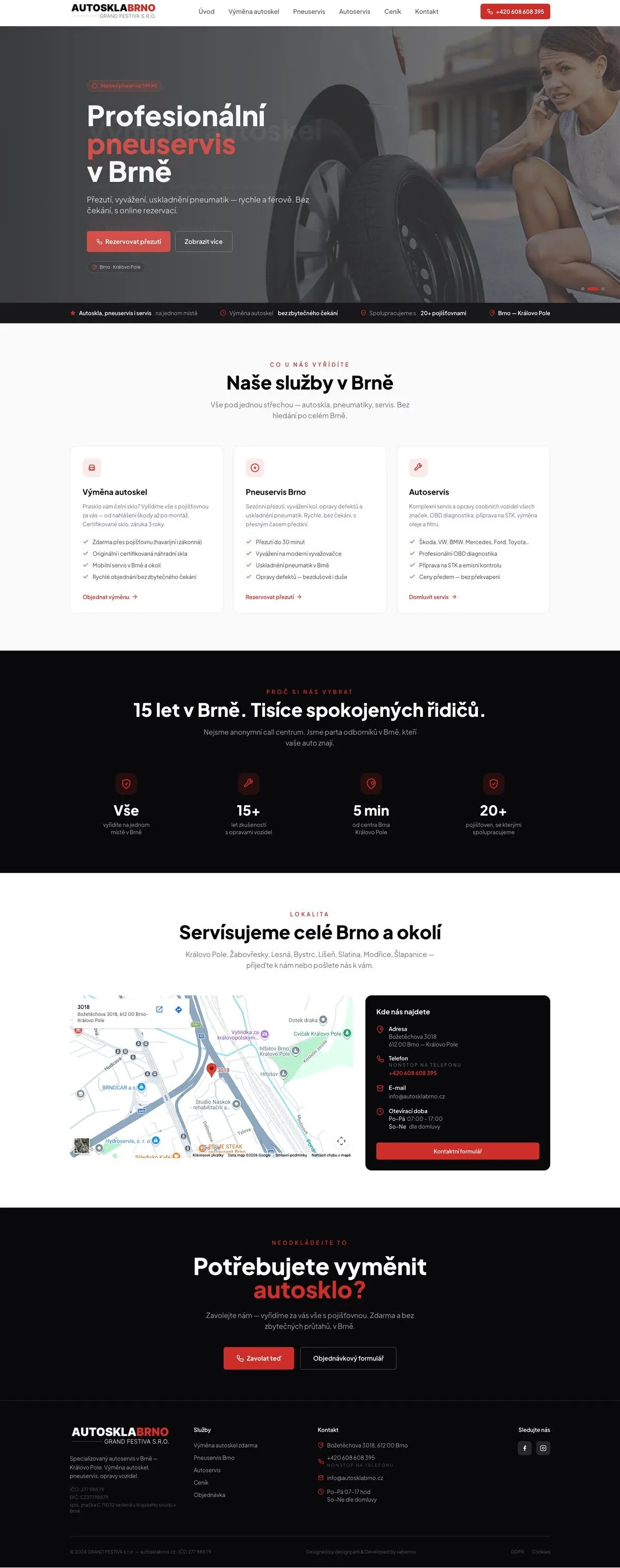 Homepage s jasným vstupem do autoskel, pneuservisu a autoservisu