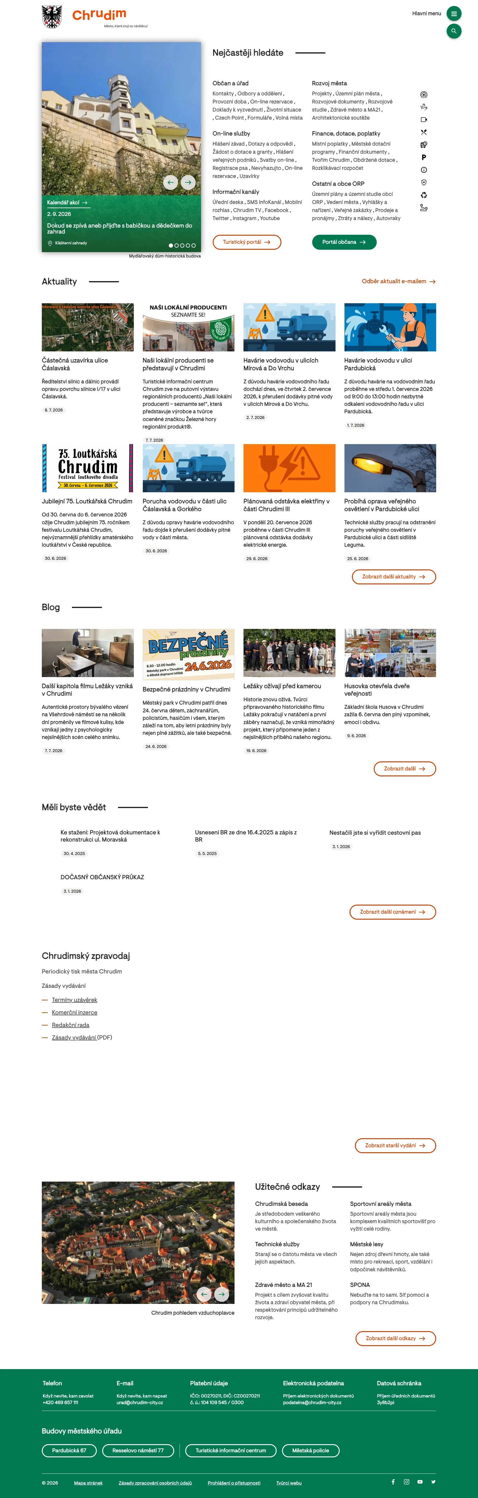 Homepage městského portálu s rozcestníkem pro občany, turisty a nejhledanější agendy