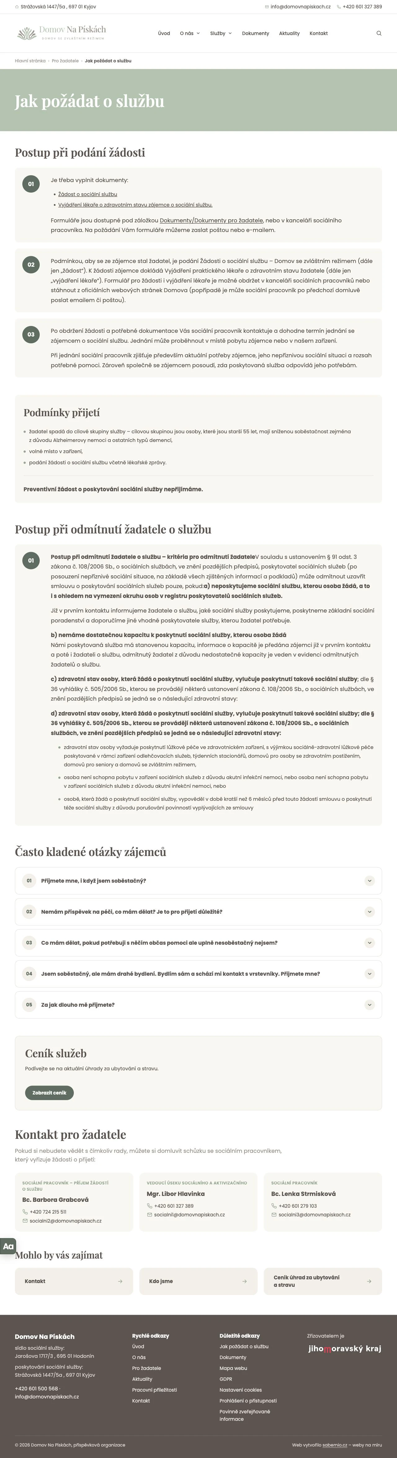 Postup podání žádosti o službu a podmínky přijetí do Domova Na Pískách