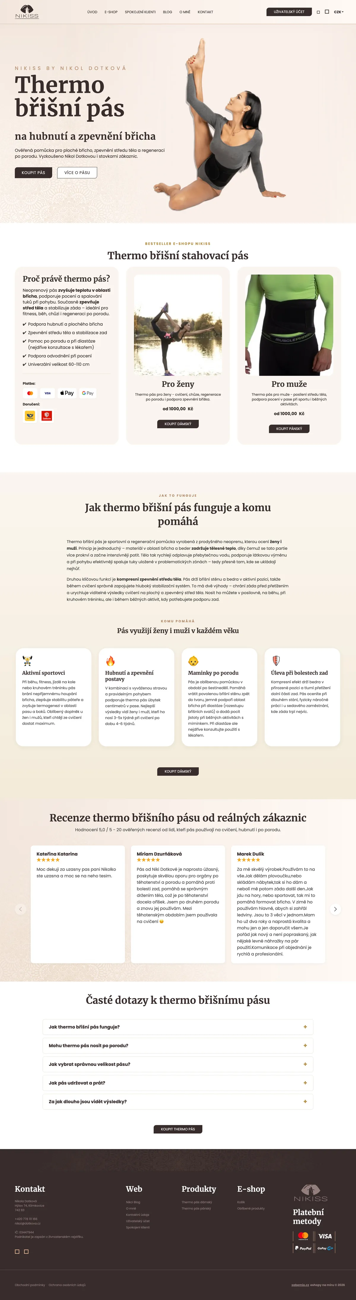 Celý homepage flow od hero sekce po FAQ a footer