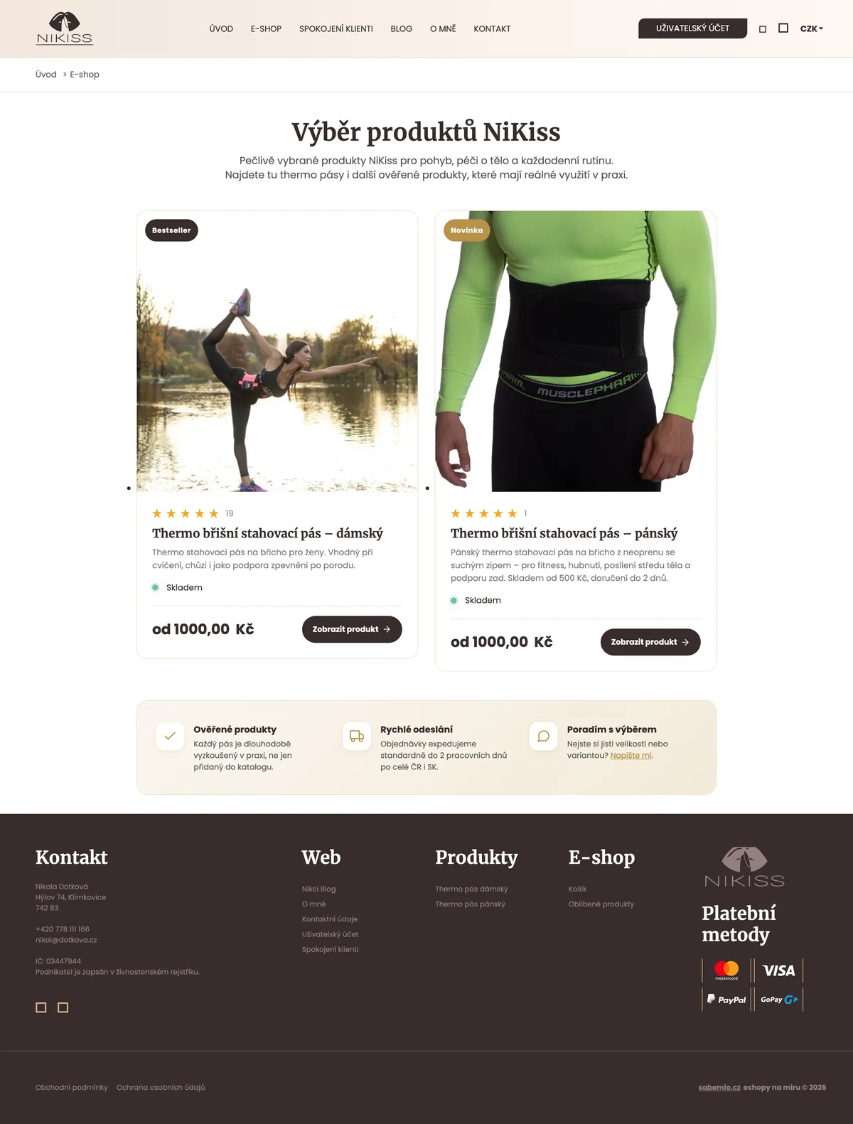 Přehled e-shopu NiKiss s hlavními produkty a nákupní cestou