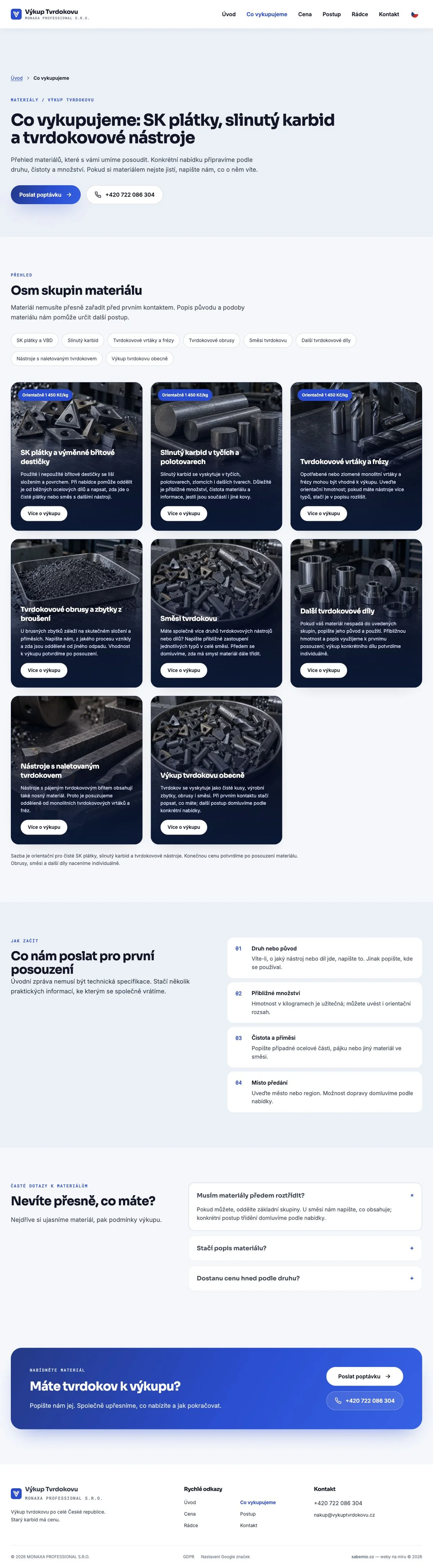 Přehled osmi skupin materiálu s fotografiemi a odkazy na jednotlivé druhy výkupu.
