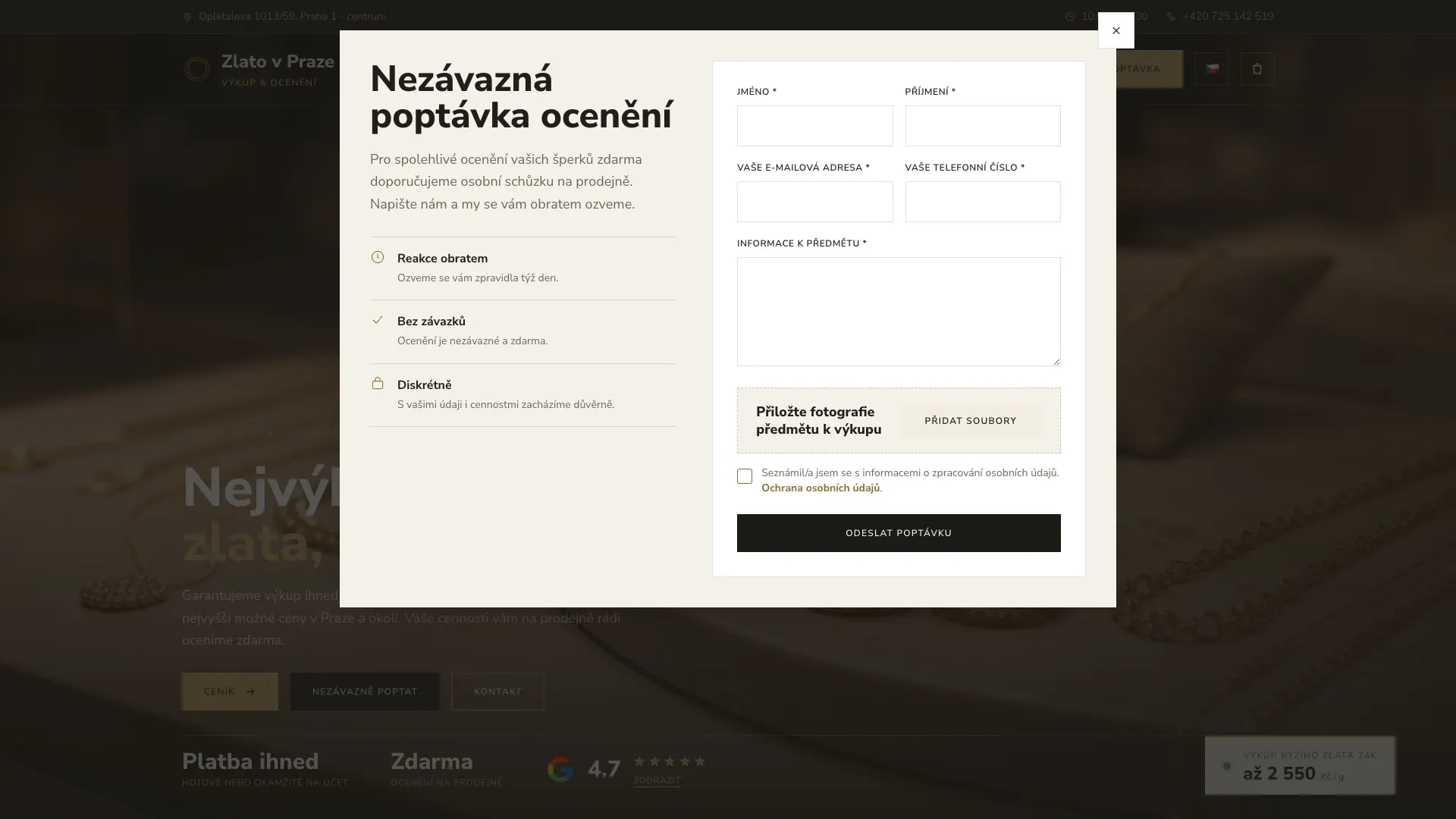 Desktopový formulář pro nezávaznou poptávku ocenění