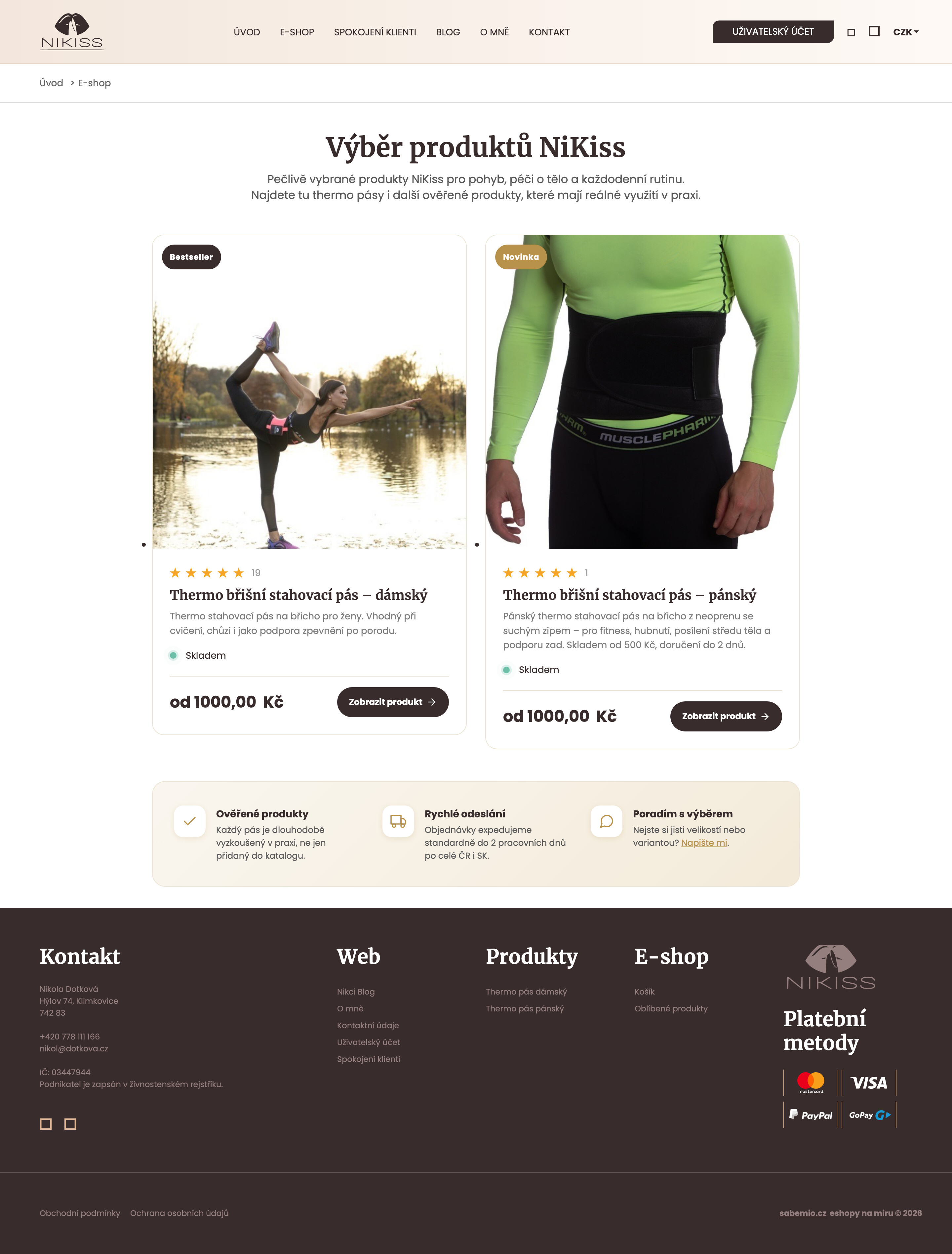 Přehled e-shopu NiKiss s hlavními produkty a nákupní cestou