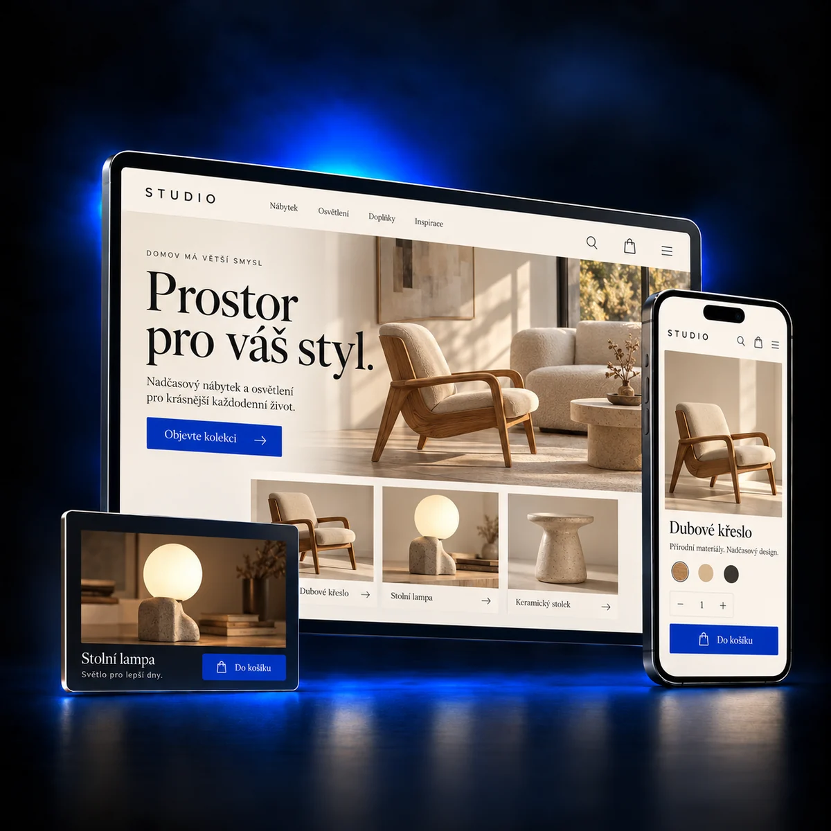 3D návrh e-shopu s katalogem na tabletu, detailem produktu na mobilu a nákupní kartou